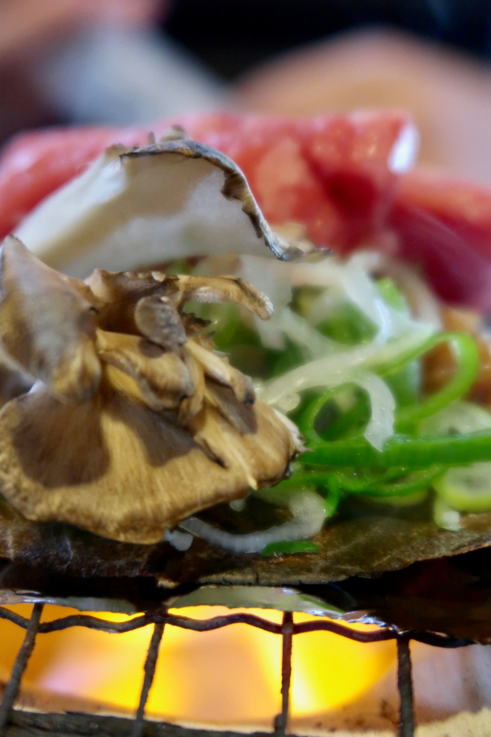 Lunch close up. Mushrooms, peppers, onions, Hida Beef (local, very delicious)